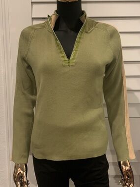 DKNY Green Knit Half-Zip Sweater with Cream Accent